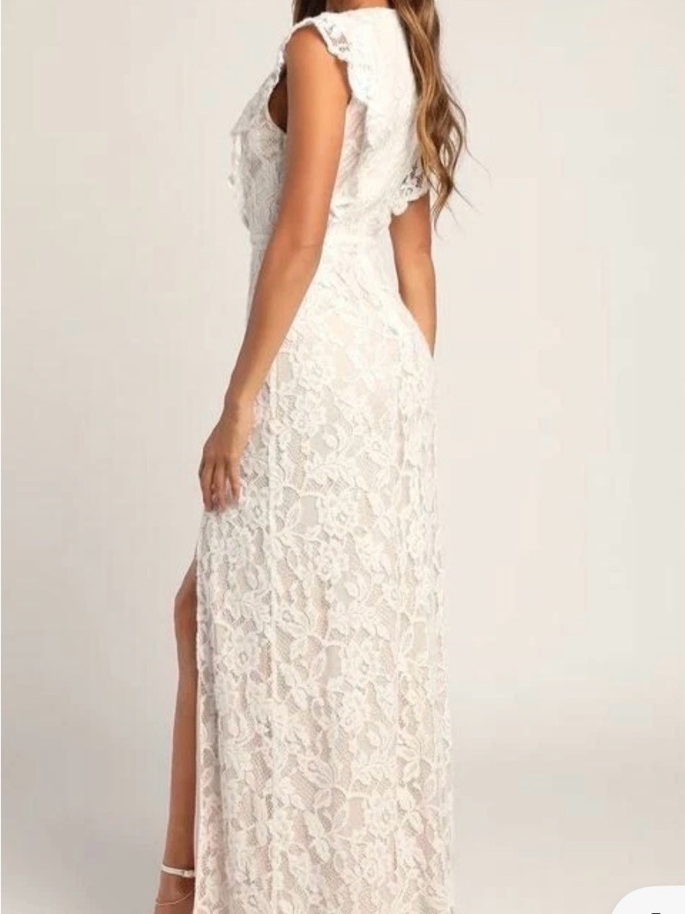 5. Lulu's Ivory Lace Maxi Dress with Ruffle Shoulders and Side Slit - Picture 4 of 8